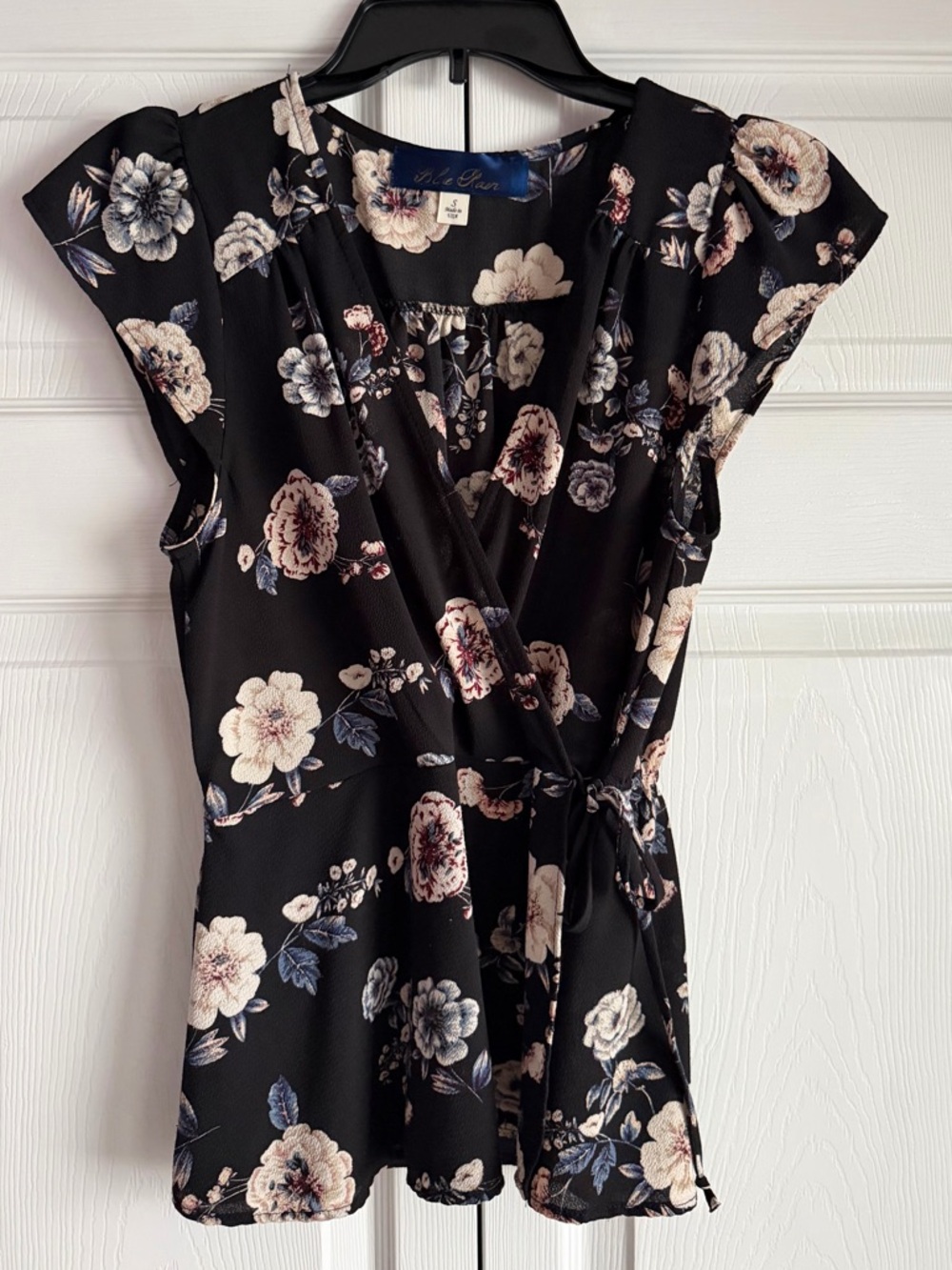 Blue Rain Black Floral Faux-Wrap Blouse